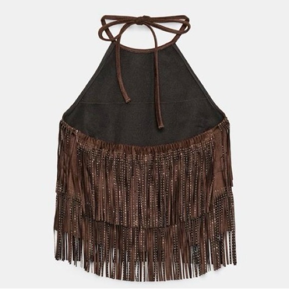 ZARA Dark Brown shimmer faux suede fringe top size large - Picture 4 of 9